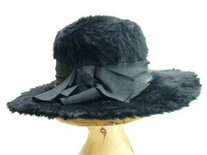 Vintage Black Edwardian Angora Fur Hat with Ribbon Bow Merrimac